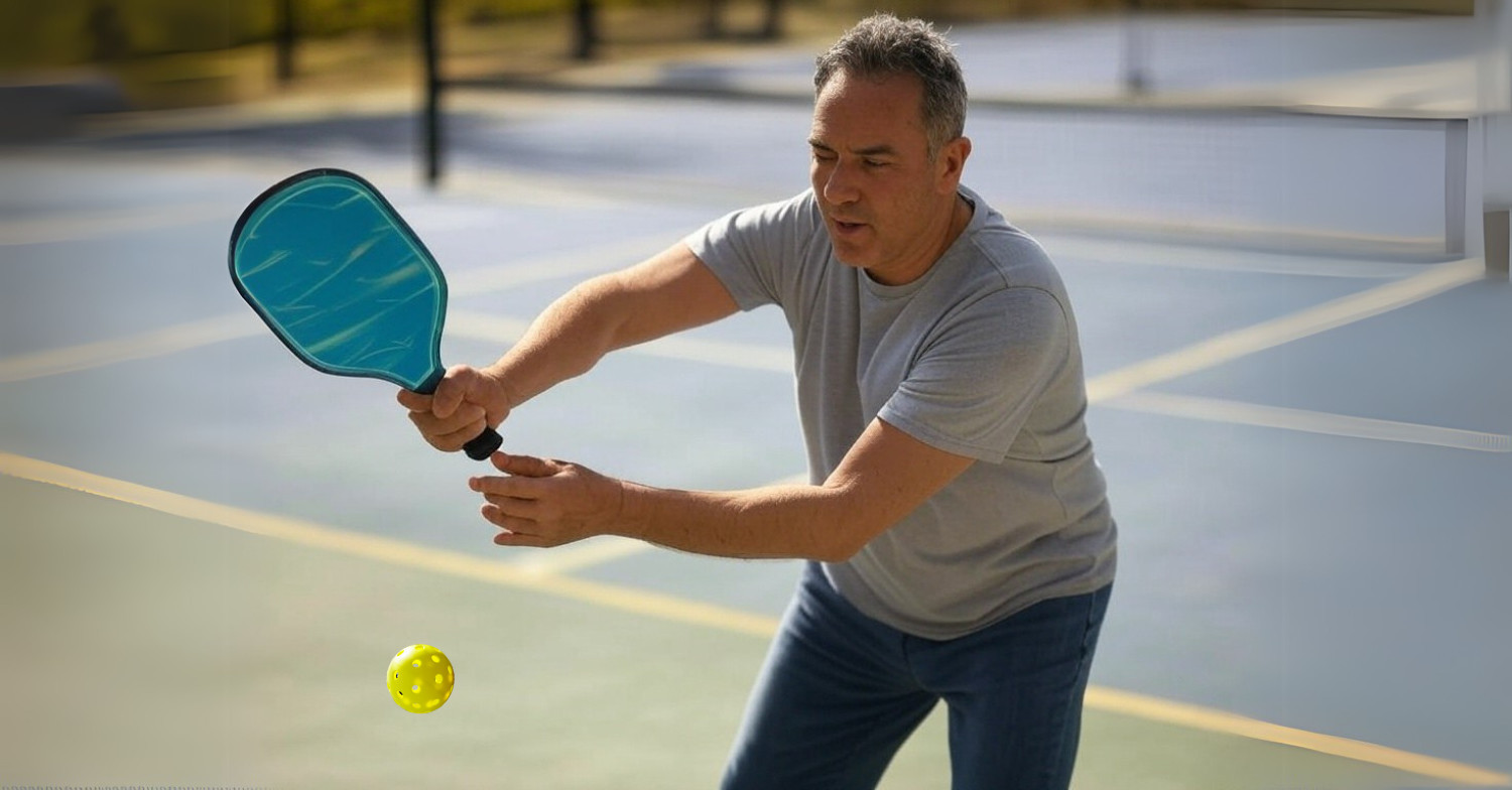 Mid-50s beginner pickleball player holding regulation paddle, on a outdoor court in Springfield, MO