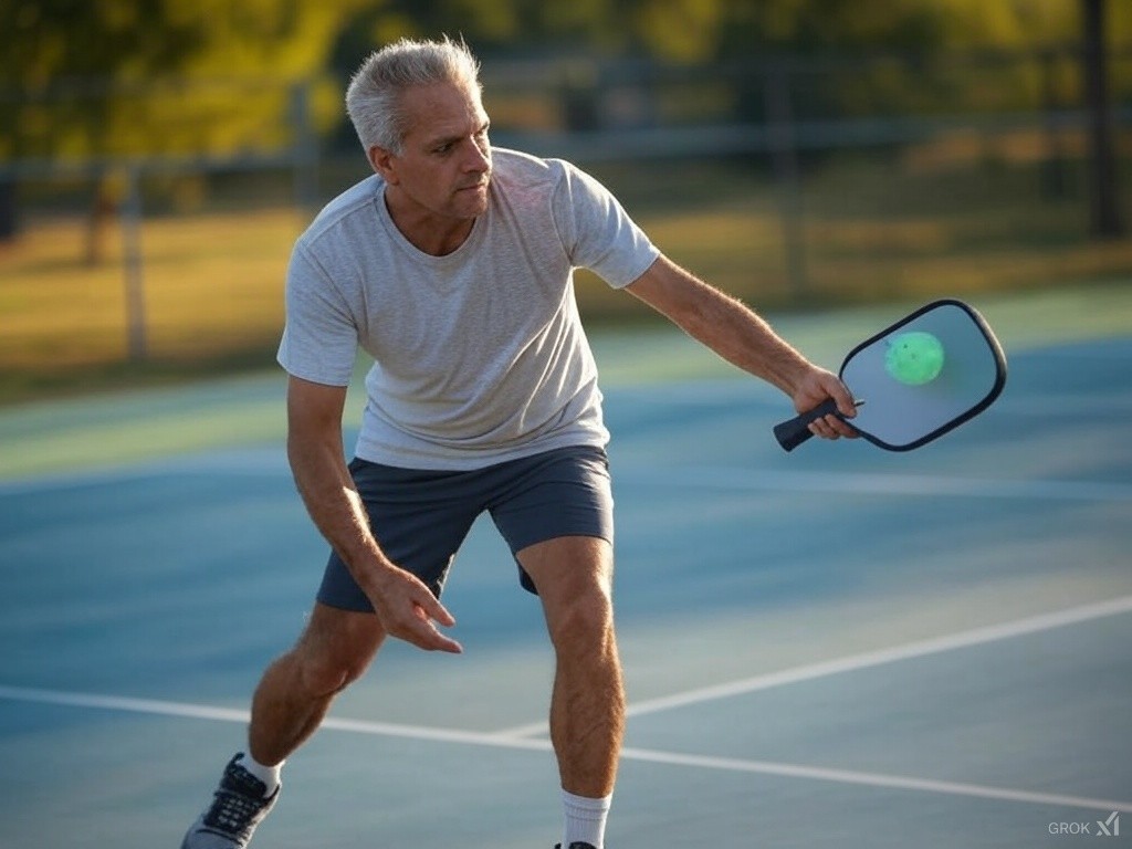 Mid-50s 4.0 DUPR pickleball player swinging at ball with regulation paddle, outdoor court