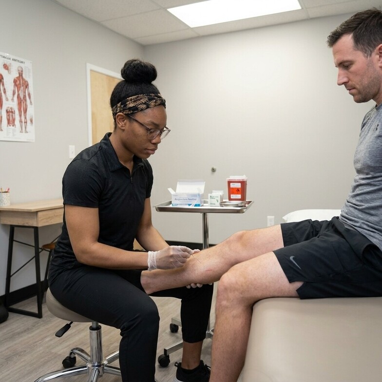Patient working with a provider at a sports chiropractic clinic in Springfield, MO during a functional movement screen for running injury assessment