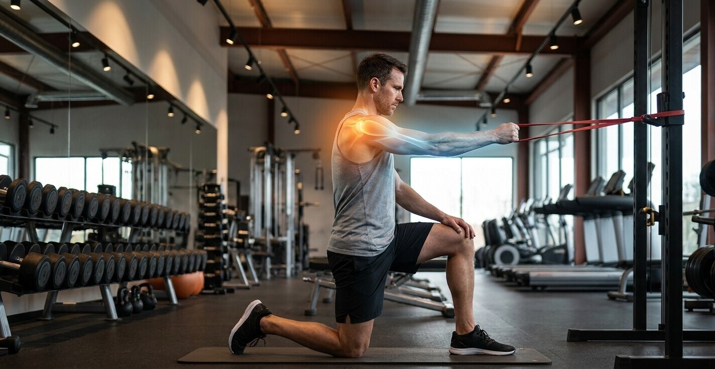 Man performing a half-kneeling resistance band exercise for shoulder rehabilitation, with a graphic highlighting joint and muscle activation.